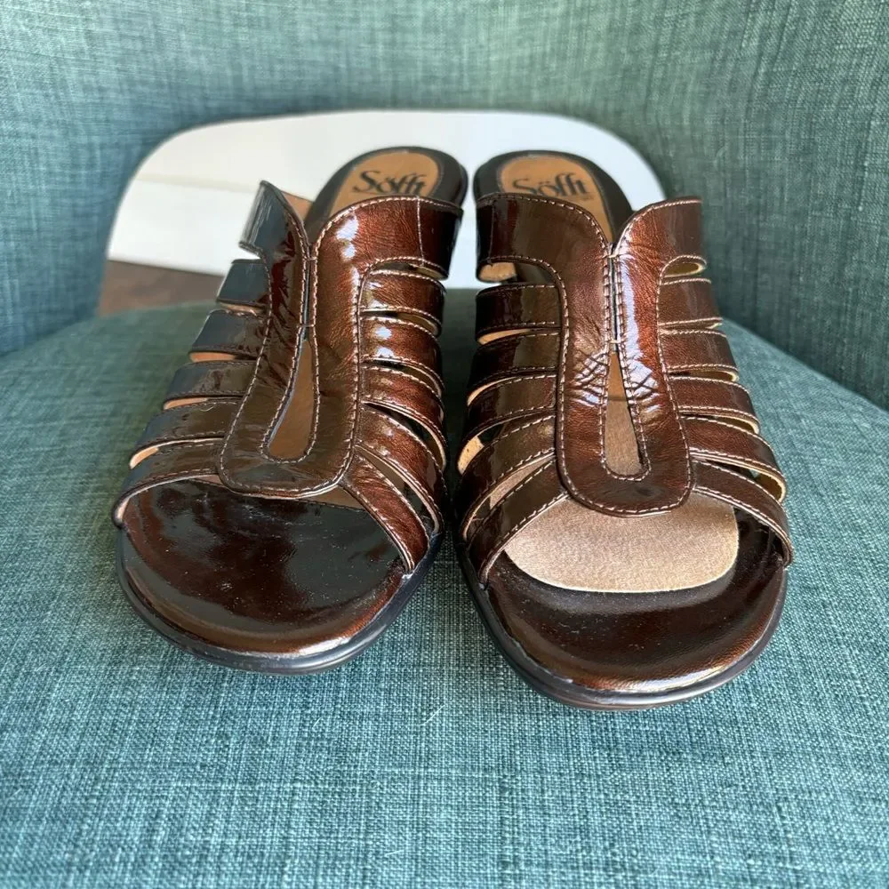 Sofft Women’s shiny leather brown wedge heel light weight comfortable size 8 EUC